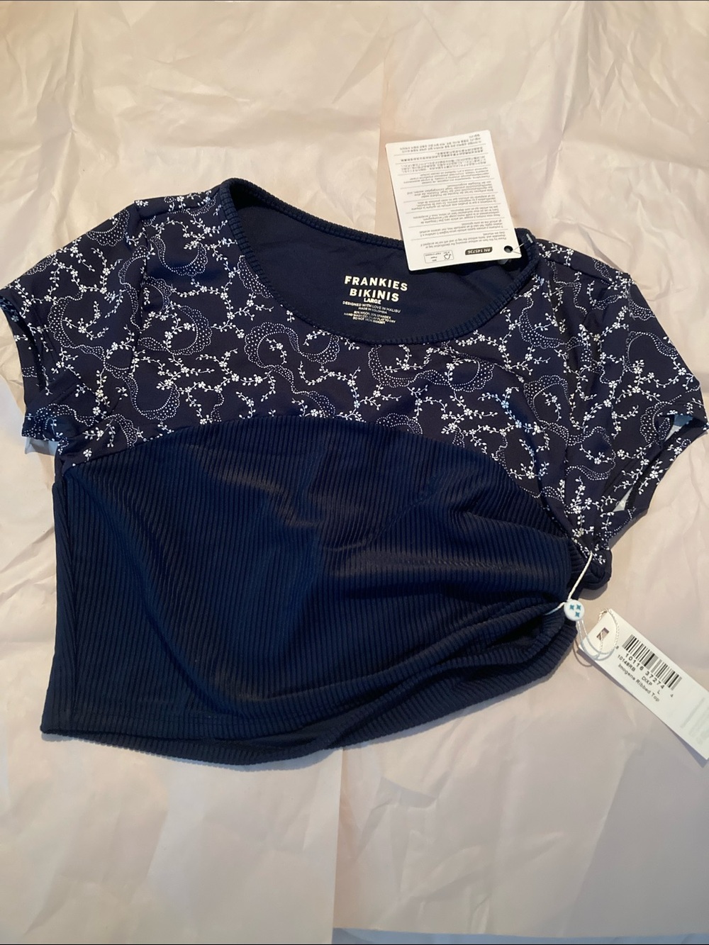 Frankie's Bikinis Imogene Ribbed Top Navy Blue White Floral Large